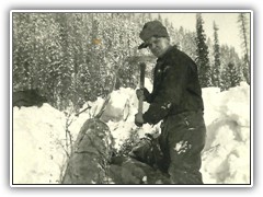 Getting out logs we used to crib up the sides of the roads-all dirt in those days